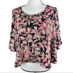 B Jewel Crop Blouse Top Floral Neon Pink Brown Print Flowy Short Sleeve Size L